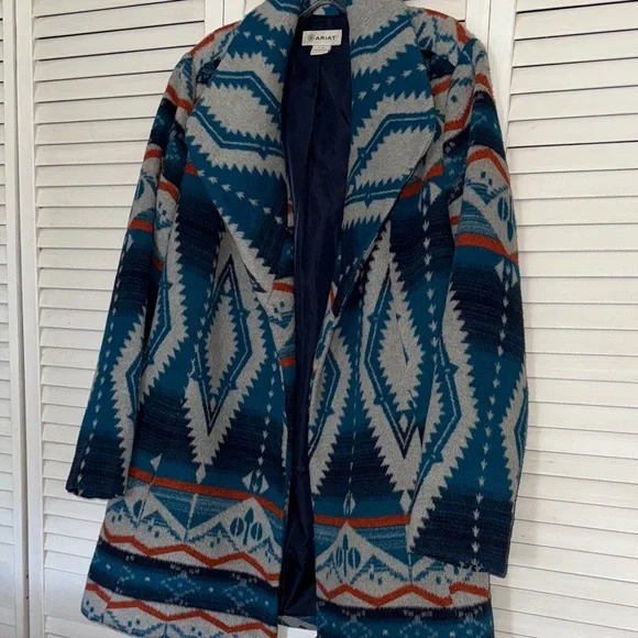 Ariat Blue and Gray Patterned Coat 36” length 21” p2p - Picture 1 of 6